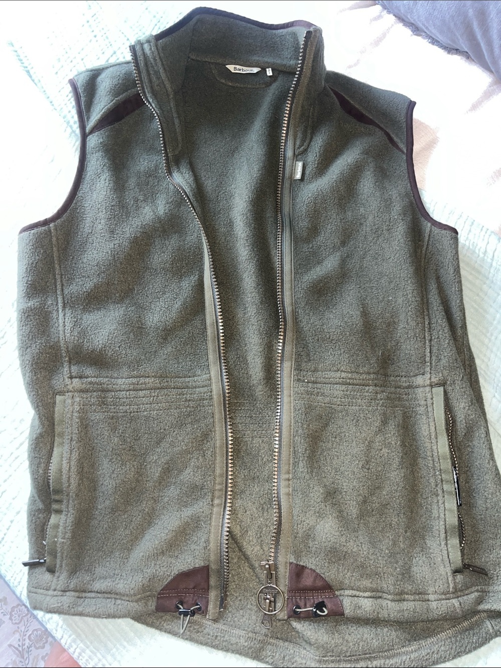 Barbour Olive Green Fleece Zip Vest with Brown Trim